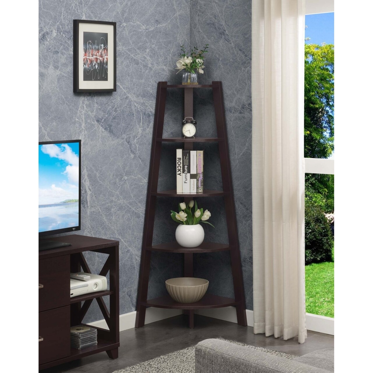Convenience Concepts Newport 5 Tier Wide Corner Bookcase Espresso
